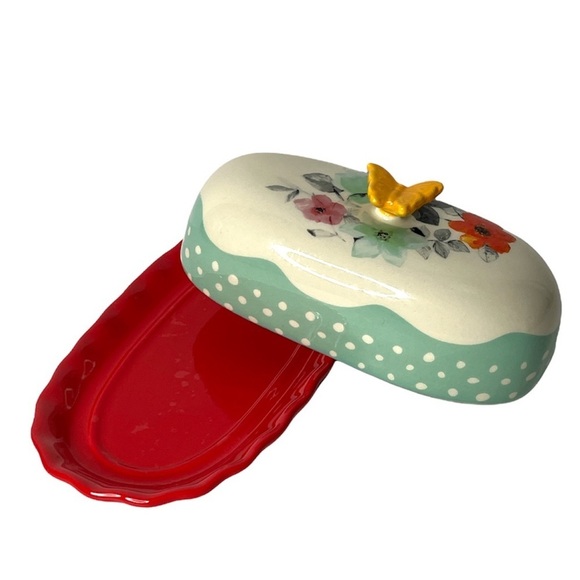 The Pioneer Woman Flea Market Butterfly Butter Dish Floral Red Yellow Stoneware - Picture 3 of 6